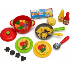 Legemad med pasta, tallerkner og stegepande - 42 dele