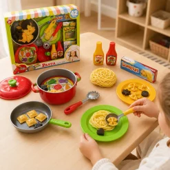 Legemad med pasta, tallerkner og stegepande - 42 dele