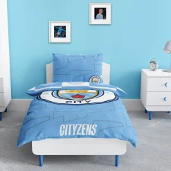 Manchester City sengetøj - 100% bomuld - Børnesengetøj 140x200 cm - Blåt fodbold sengetøj