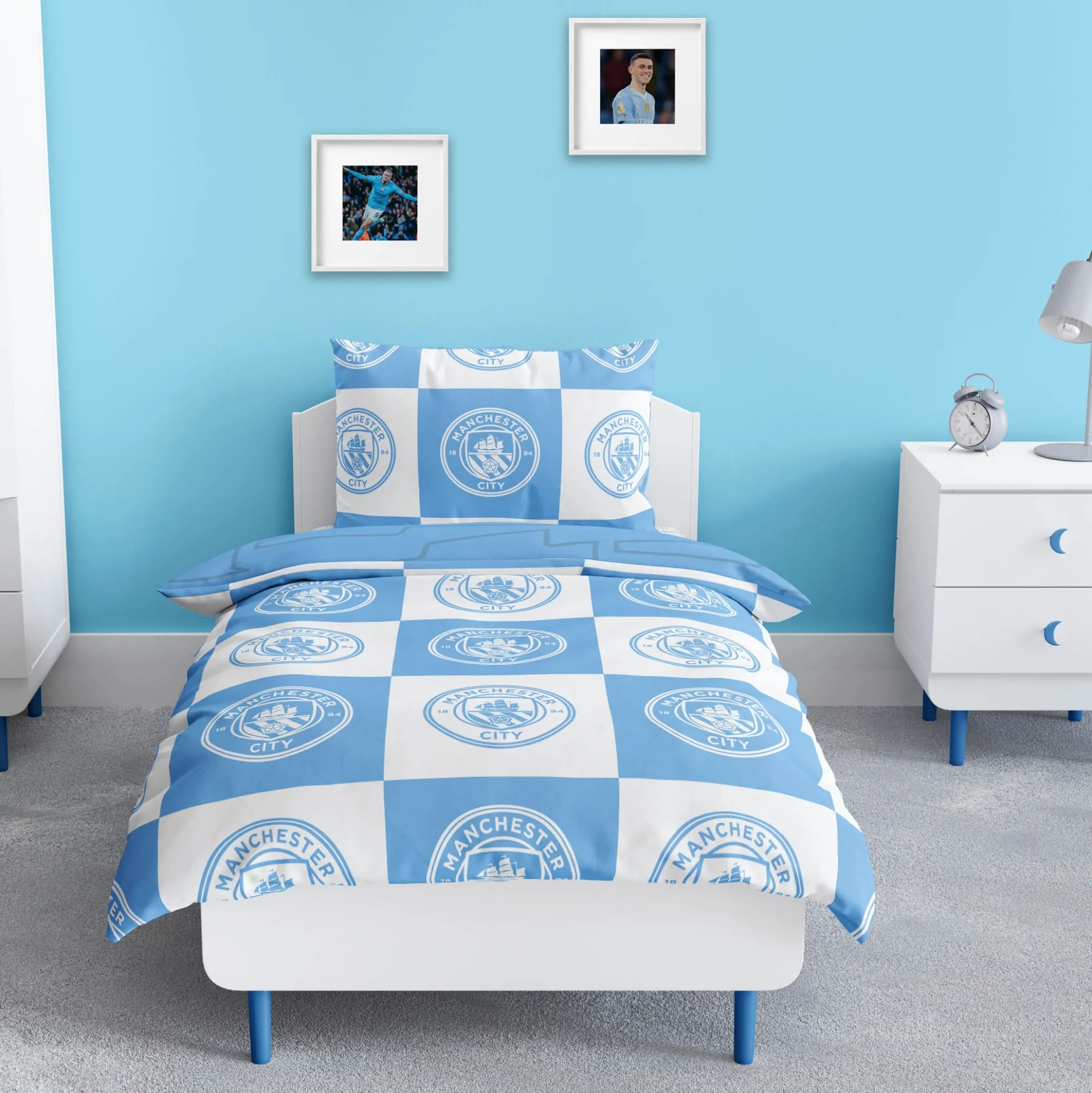 Manchester City sengetøj - 100% bomuld - Børnesengetøj 140x200 cm - Blåt fodbold sengetøj