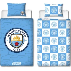 Manchester City sengetøj - 100% bomuld - Børnesengetøj 140x200 cm - Blåt fodbold sengetøj