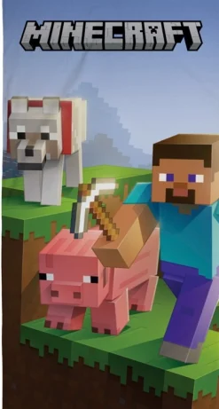 Minecraft håndklæde - 70x140 cm - 100% bomuld - Blødt badehåndklæde med Steve, Minecraft ulv og gris