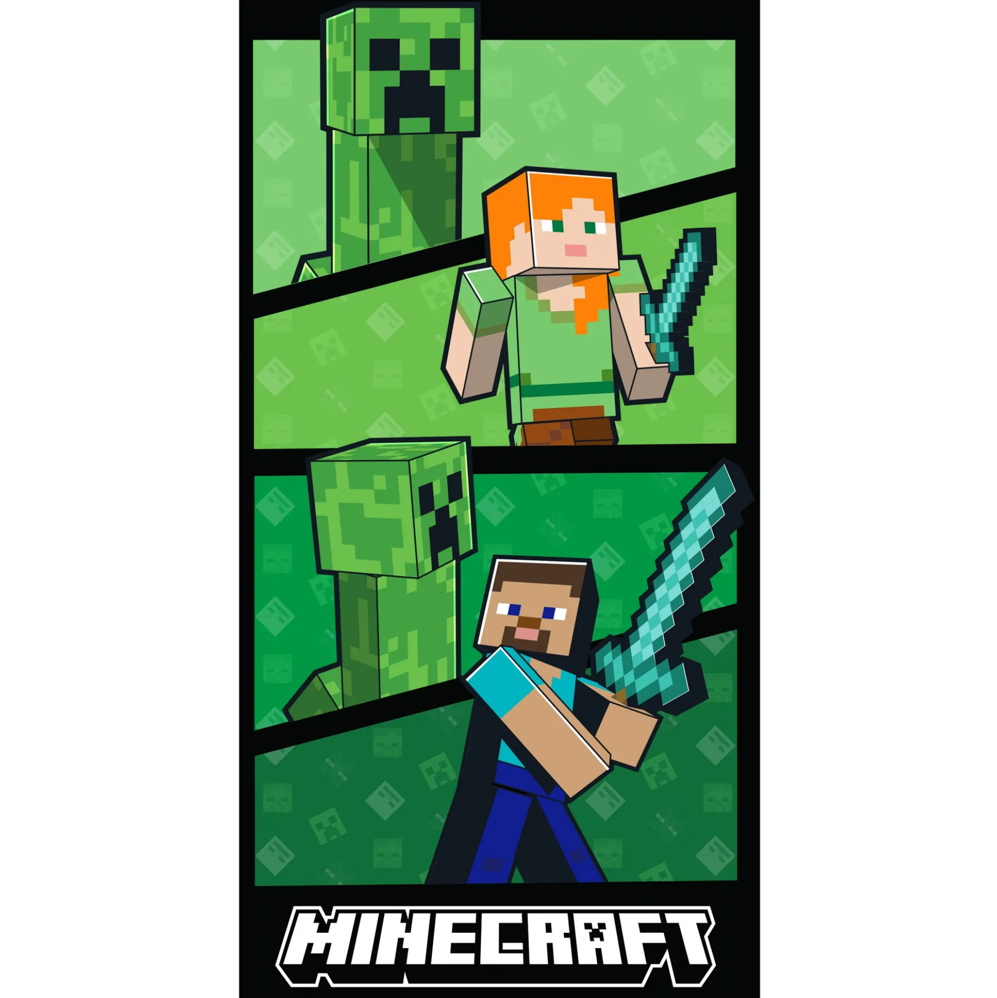 Minecraft håndklæde - 70x140 cm - 100% bomuld - Blødt badehåndklæde med Steve, Alex og Creeper