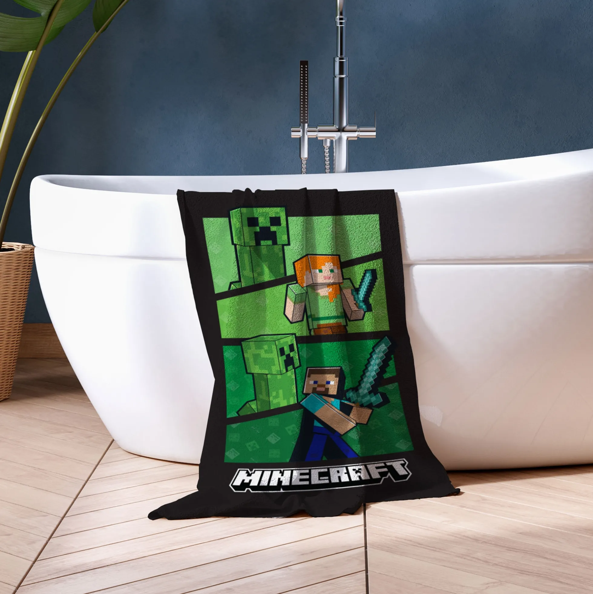 Minecraft håndklæde - 70x140 cm - 100% bomuld - Blødt badehåndklæde med Steve, Alex og Creeper