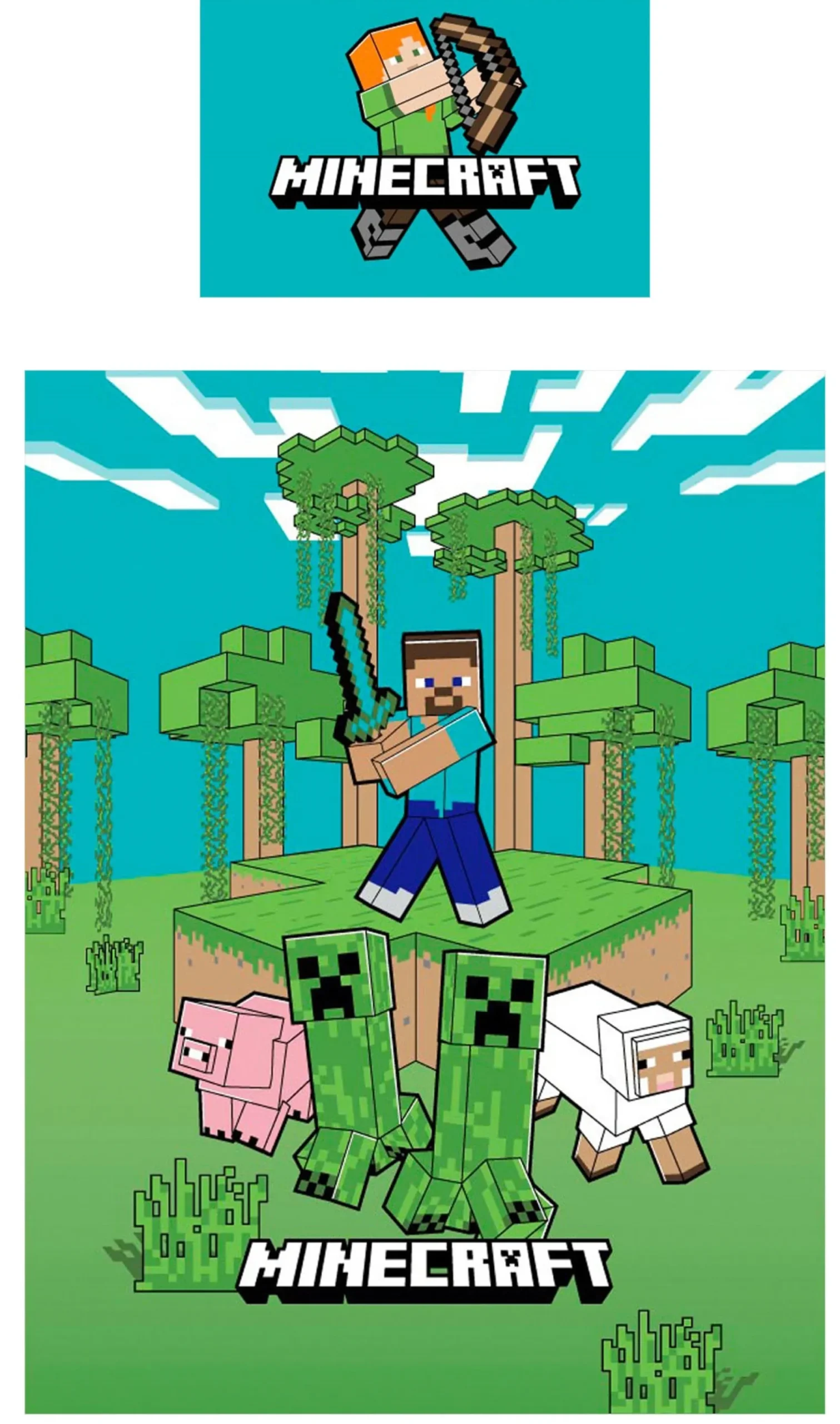 Minecraft sengetøj - 100% bomuld - Børnesengetøj 140x200 cm - Steve, Zombie, Creeper og Pigs Sheep