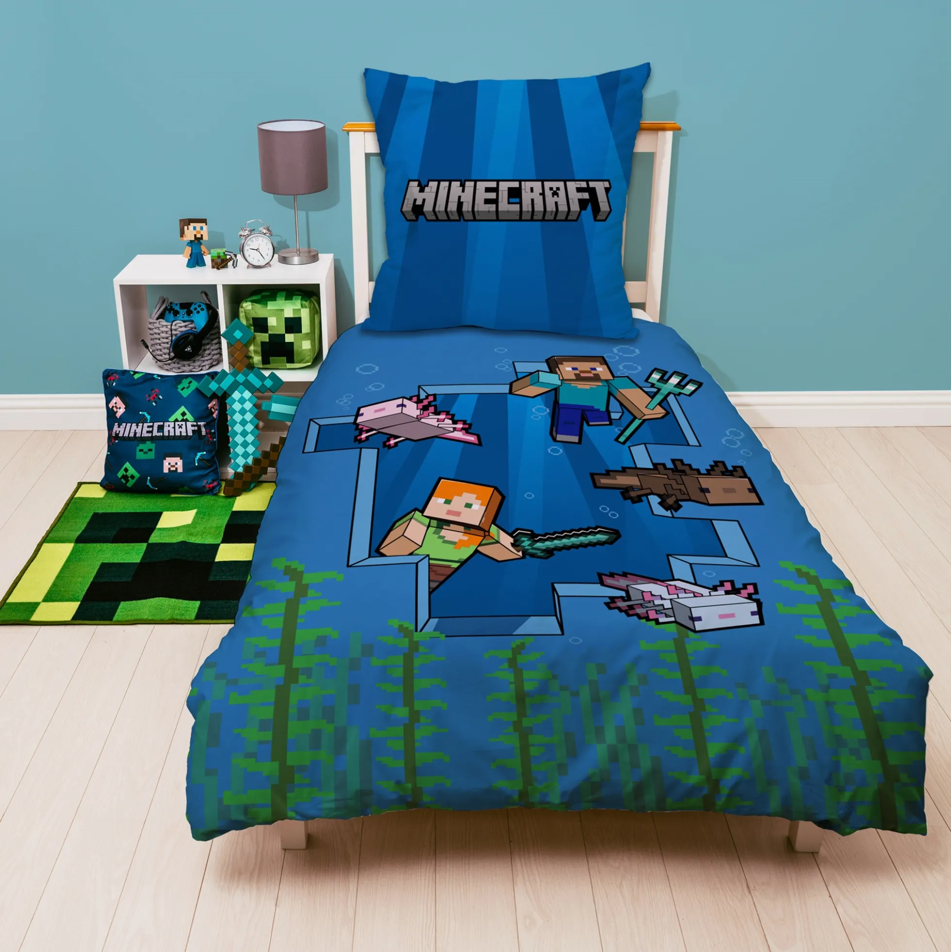 Minecraft sengetøj - 150x210 cm - Alex og Steve - Sengesæt med 2 i 1 design - 100% bomuld