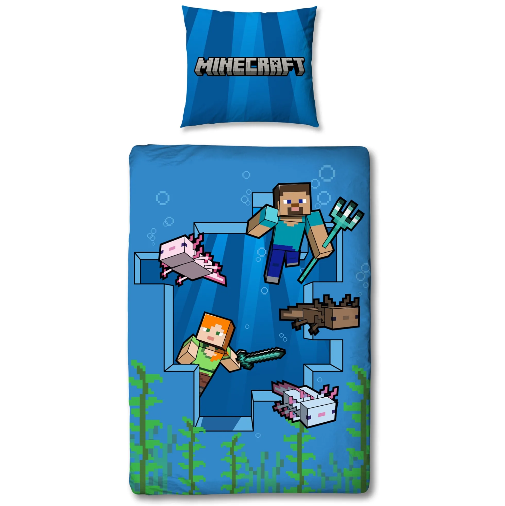 Minecraft sengetøj - 150x210 cm - Alex og Steve - Sengesæt med 2 i 1 design - 100% bomuld