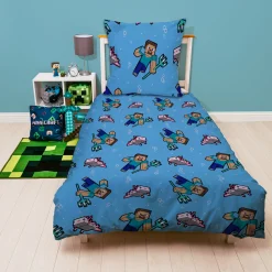 Minecraft sengetøj - 150x210 cm - Alex og Steve - Sengesæt med 2 i 1 design - 100% bomuld
