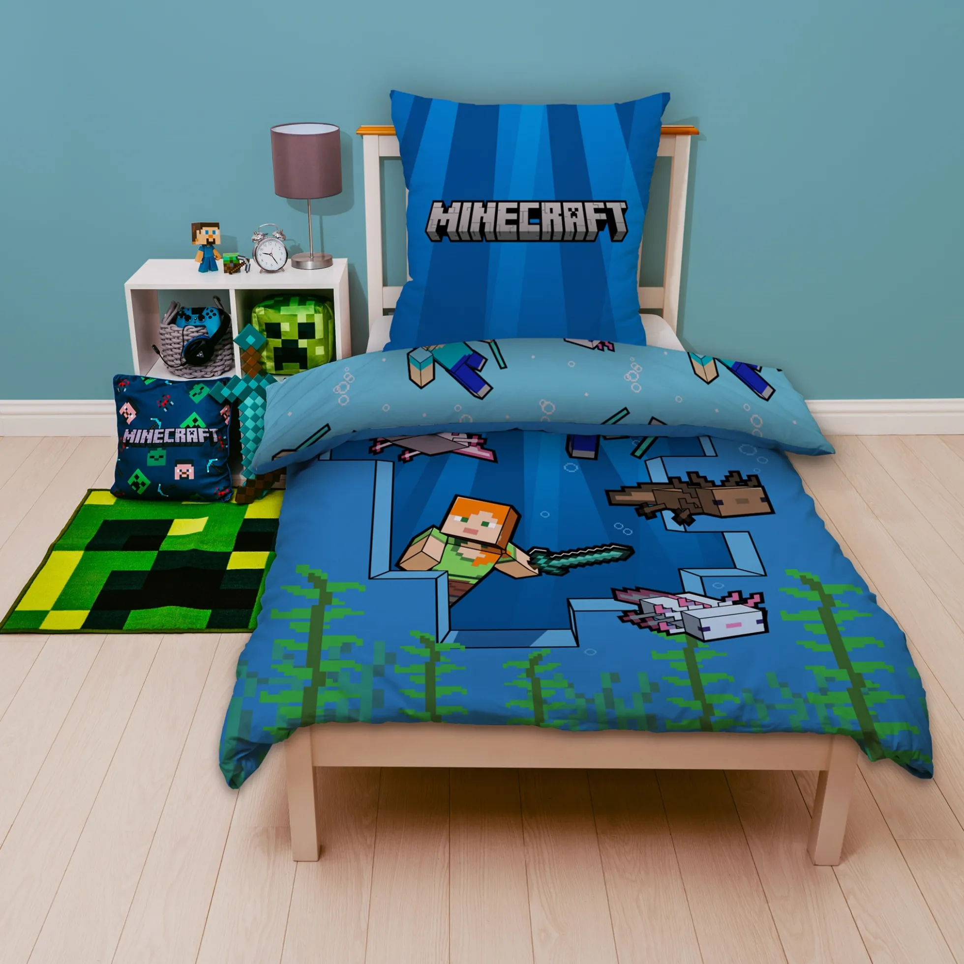 Minecraft sengetøj - 150x210 cm - Alex og Steve - Sengesæt med 2 i 1 design - 100% bomuld