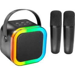 Mini karaokehøjttaler med 2 trådløse mikrofoner og LED-lys