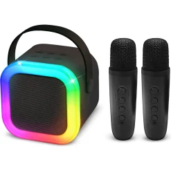 Mini karaokehøjttaler med 2 trådløse mikrofoner og LED-lys