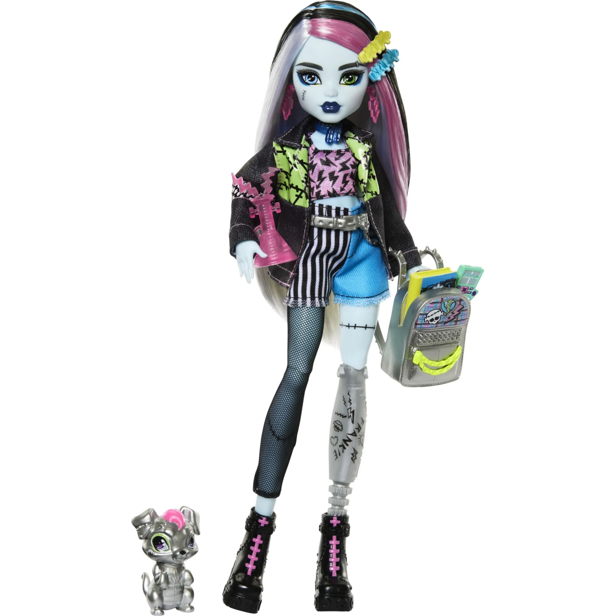 Monster High Frankie Stein basisdukke - 9 tilbehørs dele - 30 cm