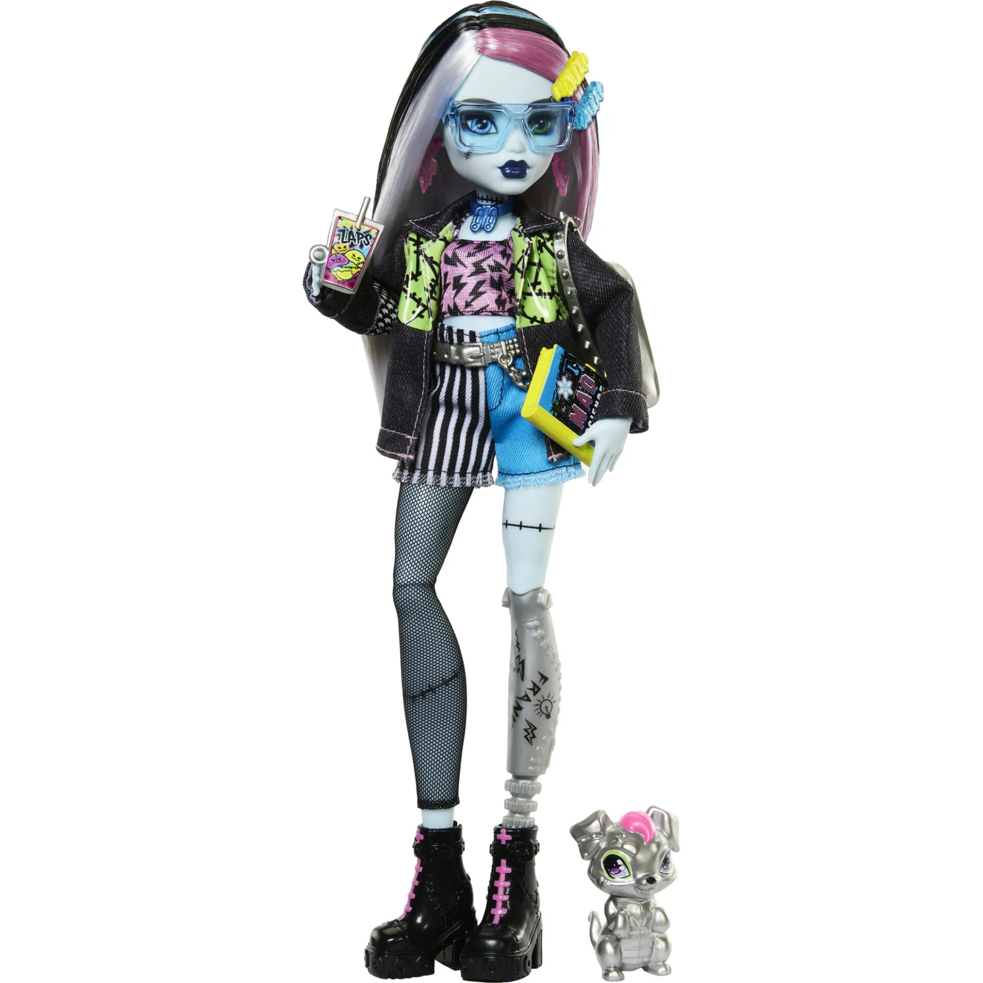 Monster High Frankie Stein basisdukke - 9 tilbehørs dele - 30 cm