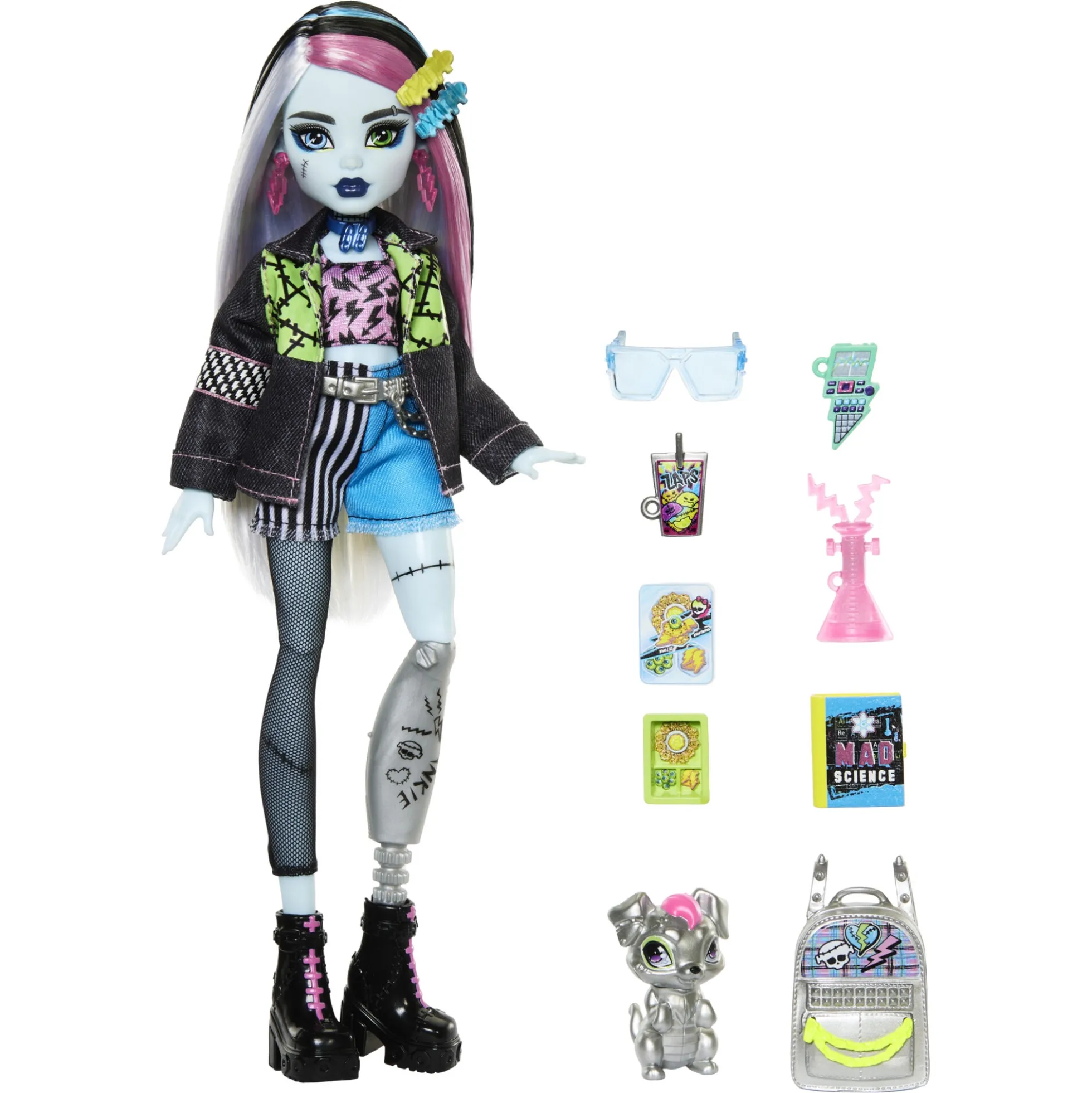 Monster High Frankie Stein basisdukke - 9 tilbehørs dele - 30 cm