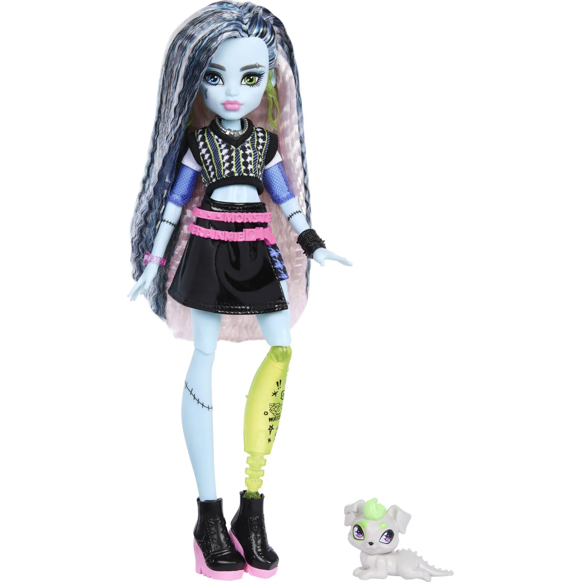 Monster High Frankie Stein basisdukke - 8 tilbehørs dele - 30 cm