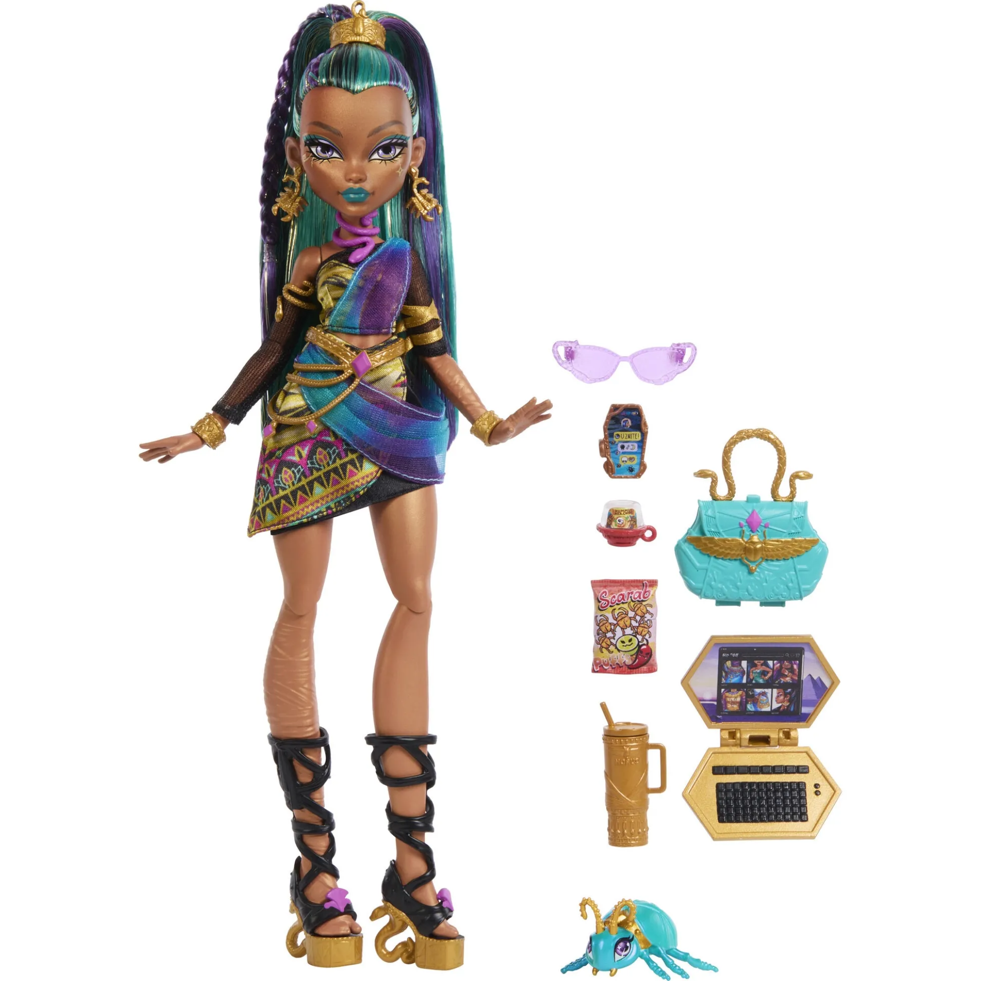 Monster High Nefera De Nile basisdukke - 8 tilbehørs dele - 30 cm