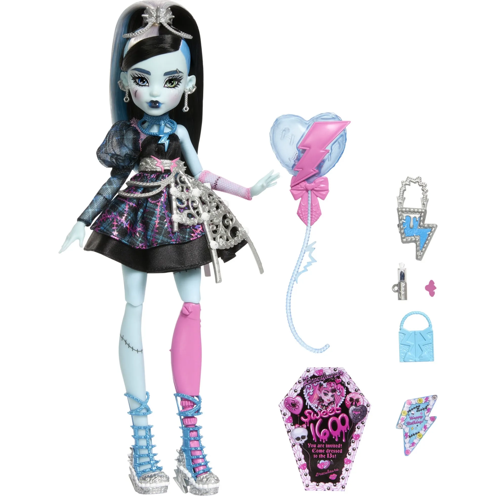 Monster High Scary Sweet Birthday Frankie Stein dukke - 8 tilbehørs dele - 30 cm