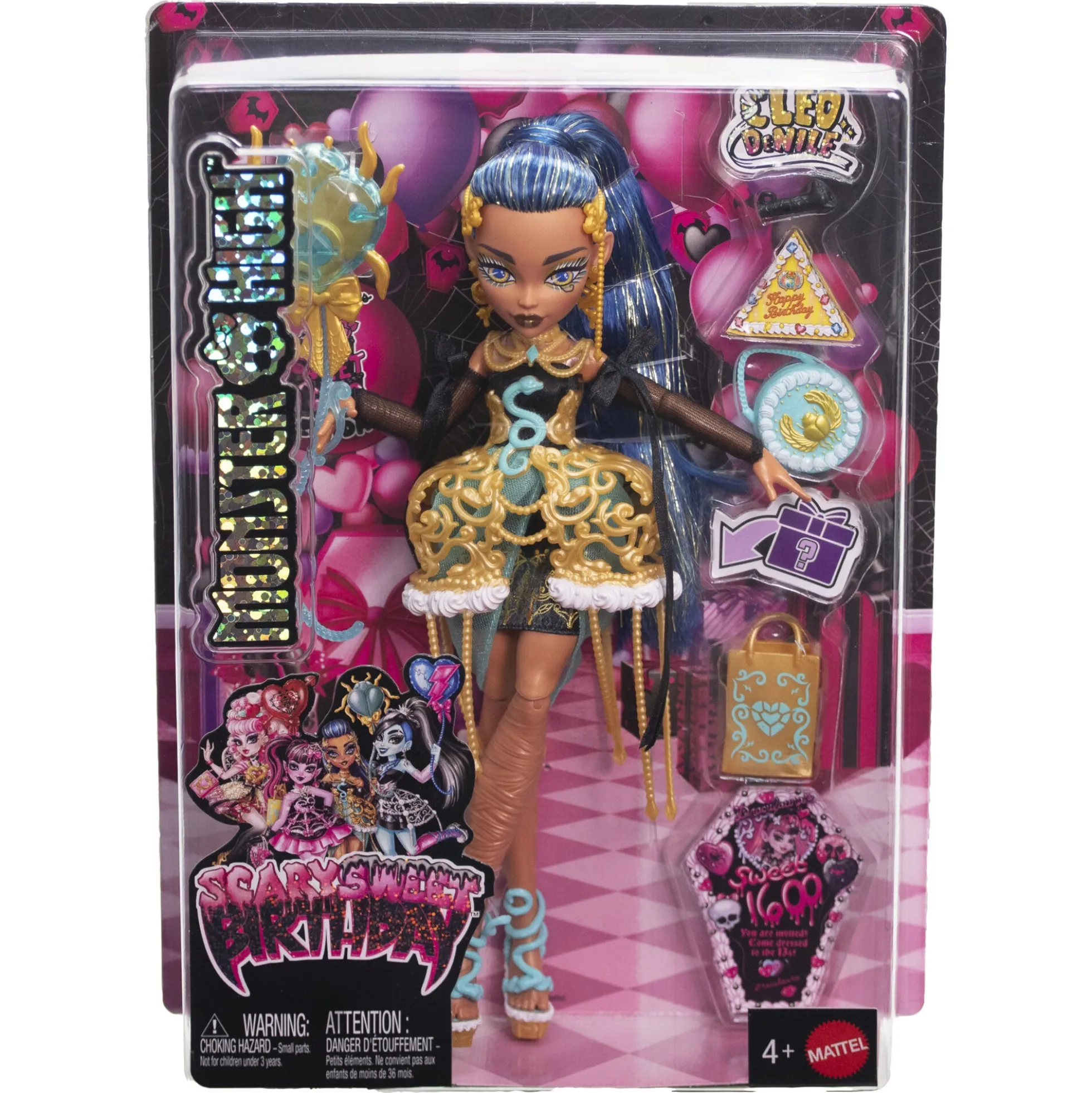 Monster High Scary Sweet Birthday Cleo De Nile dukke - 8 tilbehørsdele - 30 cm