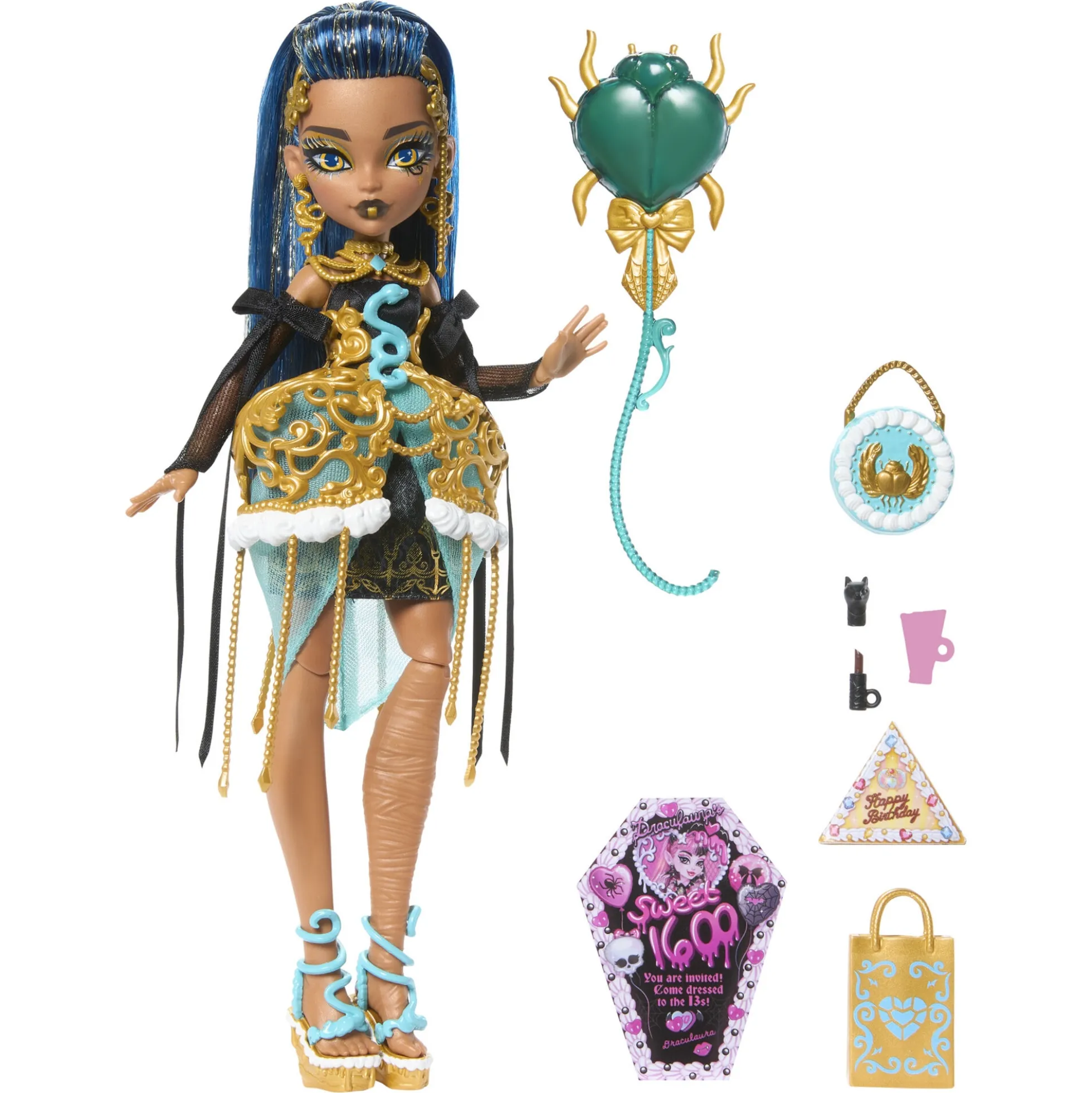 Monster High Scary Sweet Birthday Cleo De Nile dukke - 8 tilbehørsdele - 30 cm