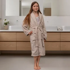 Morgenkåbe str. 8-10 år - 100% blød fleece børnekåbe - Sand