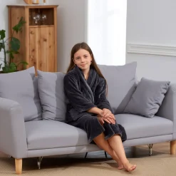 Morgenkåbe str. 8-10 år - 100% blød fleece børnekåbe - Mørkegrå