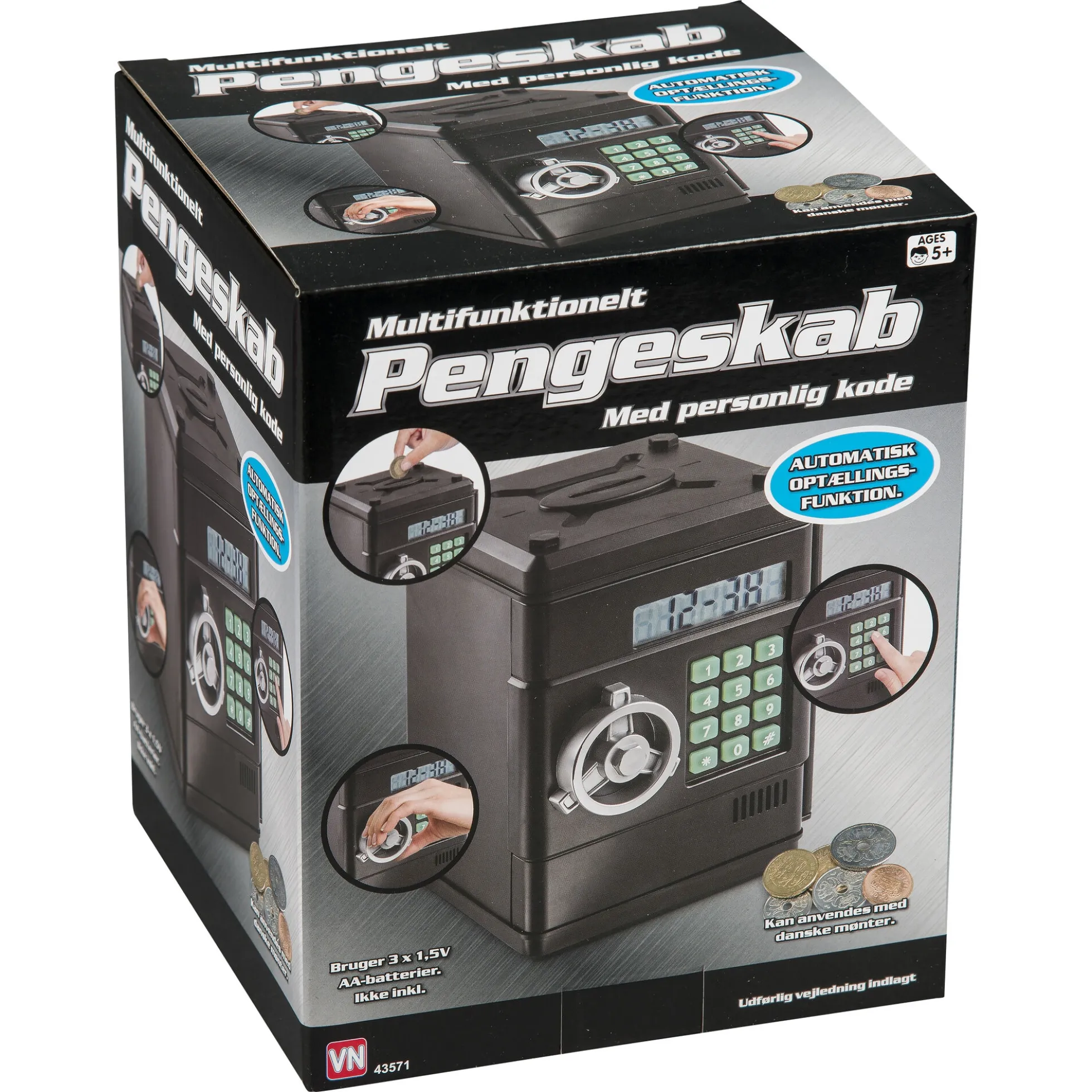 Multifunktionelt pengeskab med kode og dansk mønttæller - 18 cm