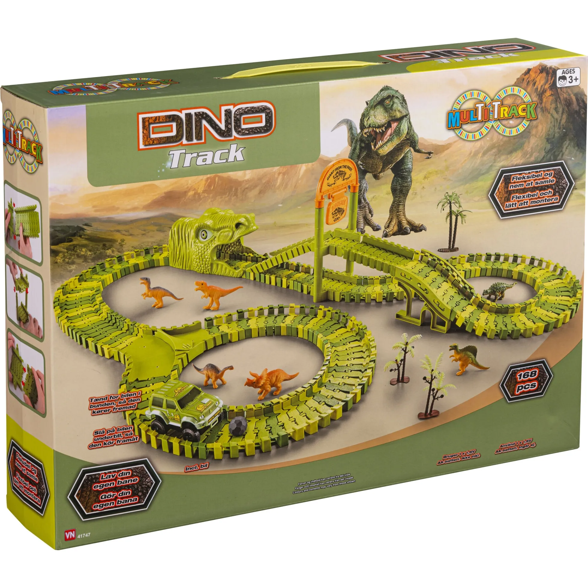 MultiTrack Dinosaur fleksibel racerbane med bil og bro - 168 dele