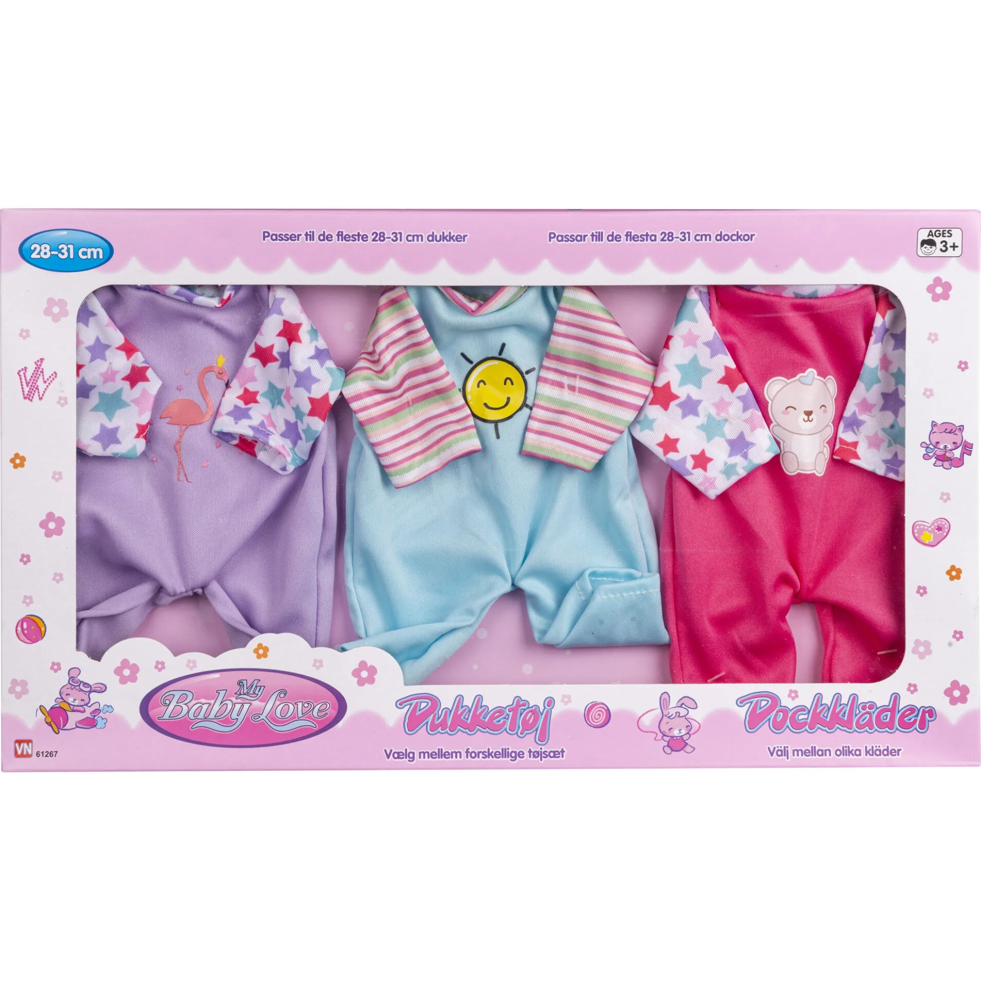 My Baby Love dukketøj med lilla, blå og pink outfits til 28-31 cm dukker - 3 sæt