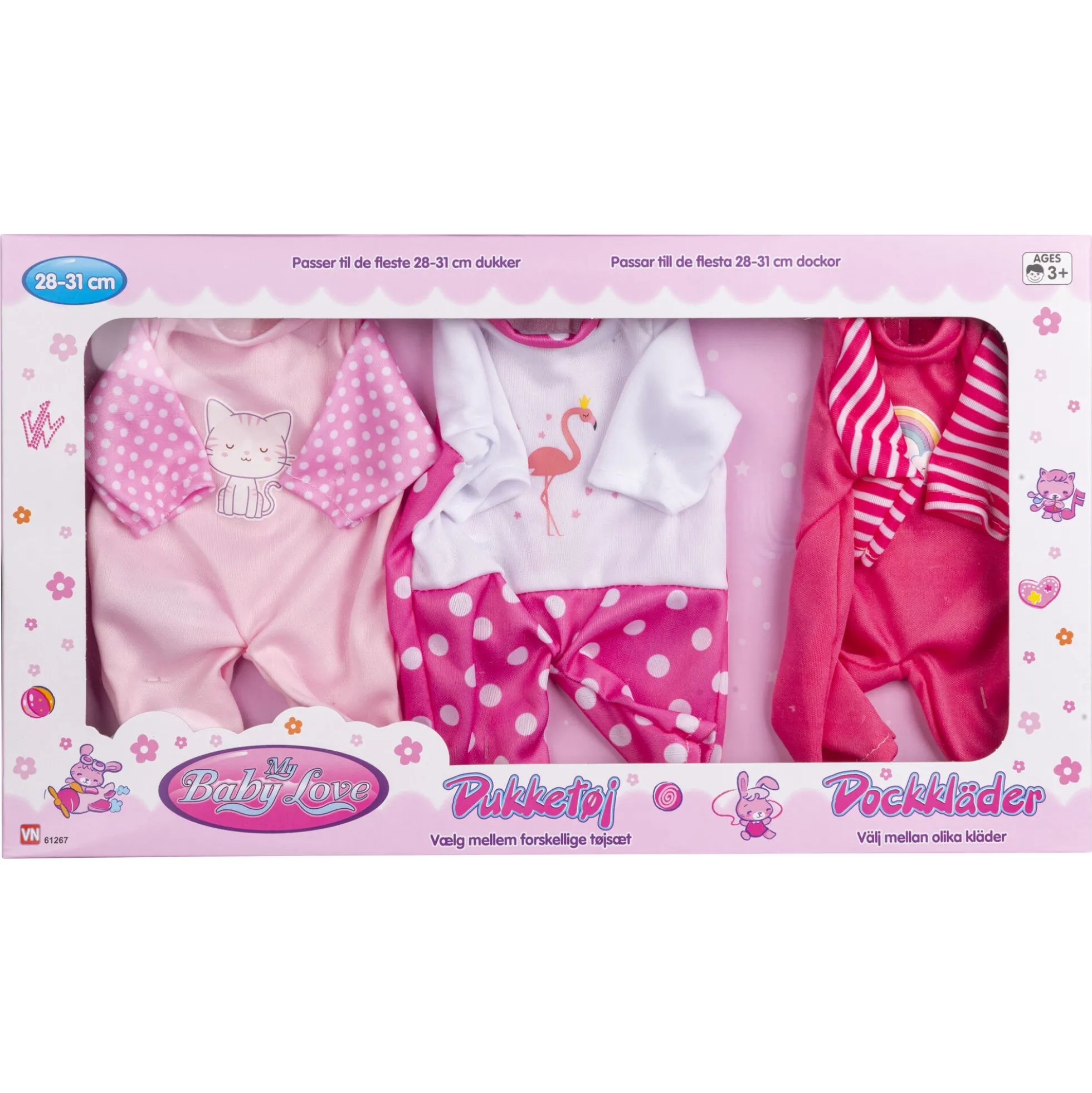 My Baby Love dukketøj med lyserøde outfits til 28-31 cm dukker - 3 sæt