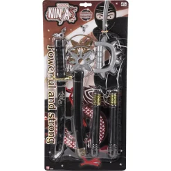 Ninjasæt med sølvsværd, hylster, nunchaku, kastestjerner og legetøjs-knojern - 6 dele