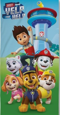 Paw Patrol håndklæde - 70x140 cm - 100% Bomuld - Blødt badehåndklæde med Paw Patrol udkigstårn og teamet