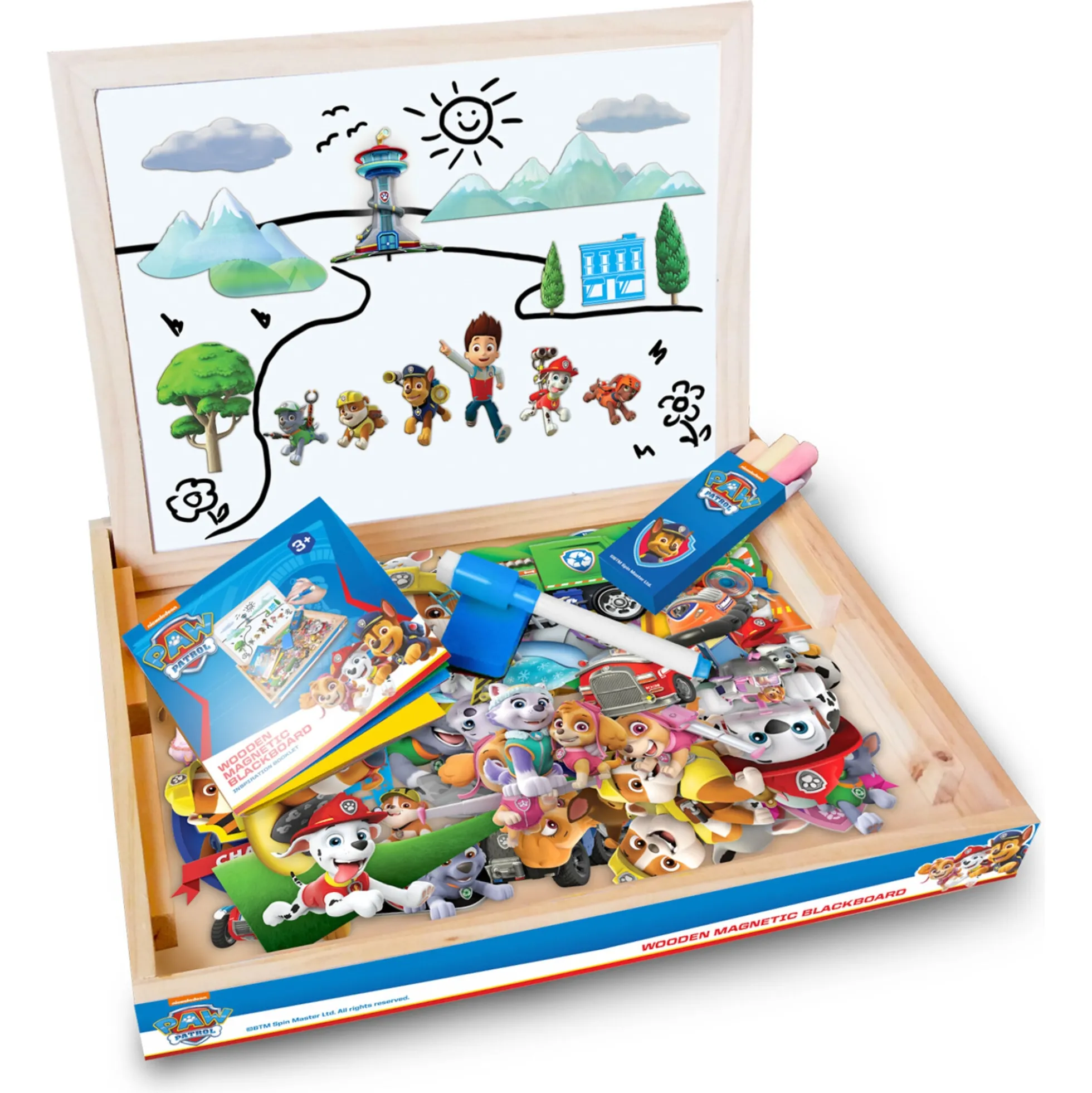 PAW Patrol 3-i-1 magnettavle i træ - kreativ tavlekasse med tilbehør - 90 dele