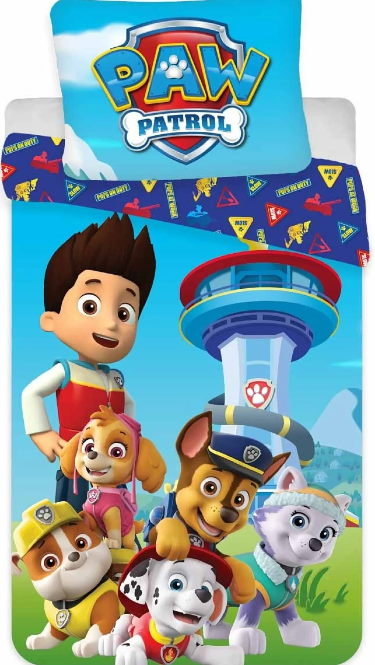 Paw Patrol sengetøj - 100% bomuld - Junior sengetøj 100x140 cm - Paw Patrol teamet og udkigstårnet