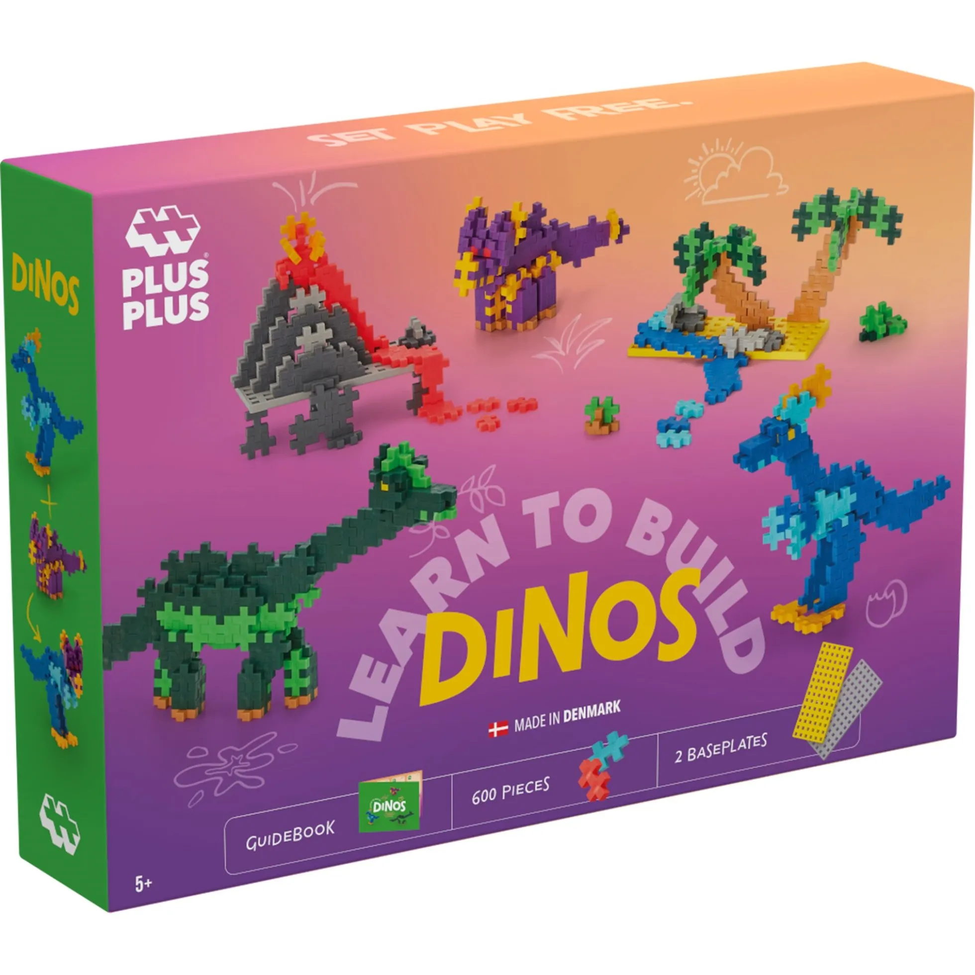 Plus-Plus dinosaur byggesæt med vulkan og byggeplader - 600 dele