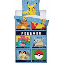 Pokémon sengetøj - 100% bomuld - Børnesengetøj 140x200 cm - Pikachu, Charizard, Venusaur, Blastoise og Meowth