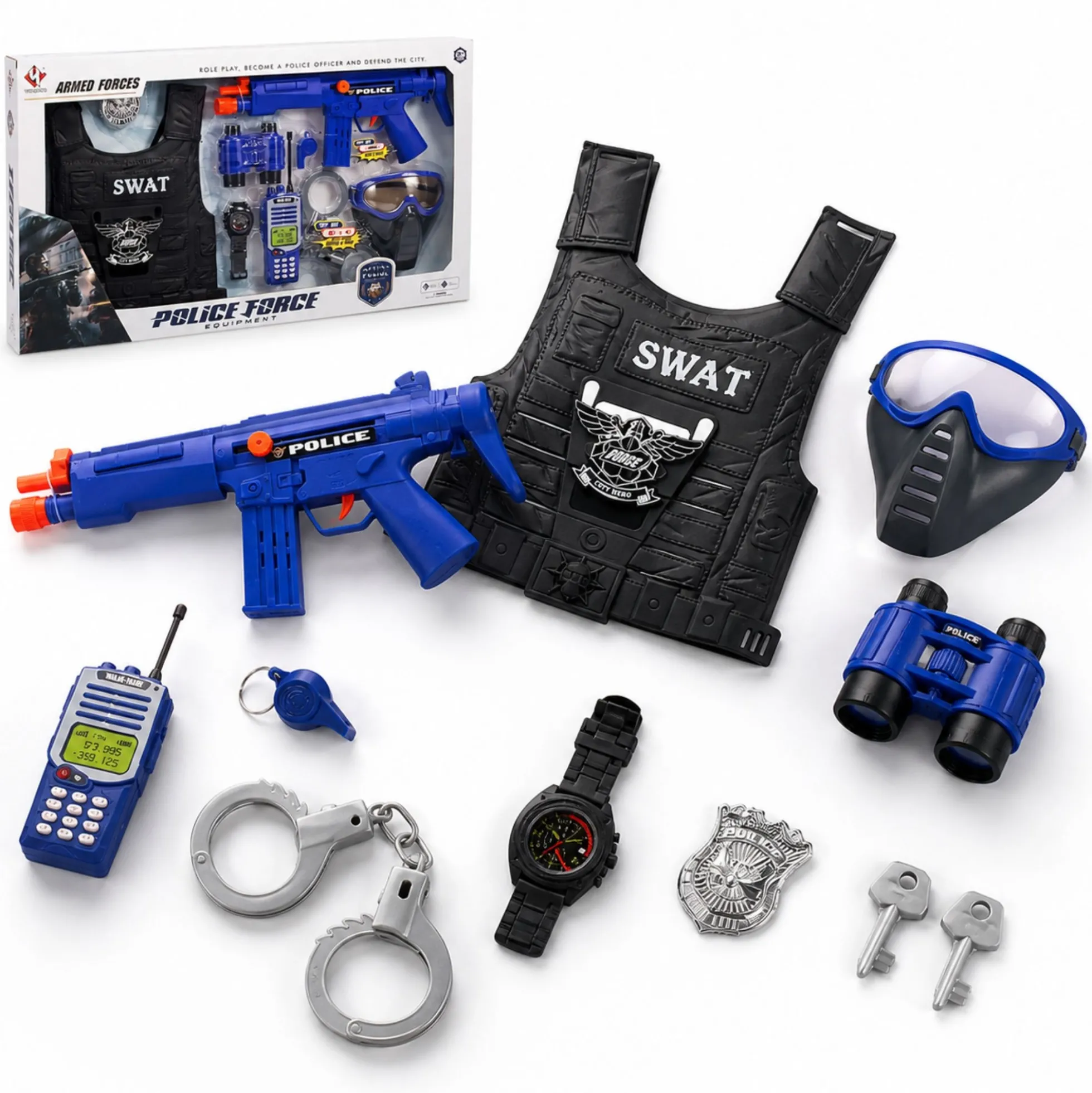 Politisæt med SWAT vest og maskinpistol 40x59x11 cm - 9 dele