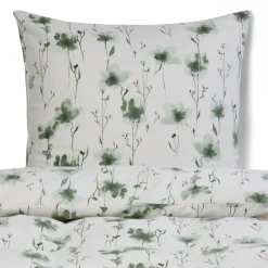 Pudebetræk 60x63 cm - Bomulds flonel - Hvid med grønne blomster