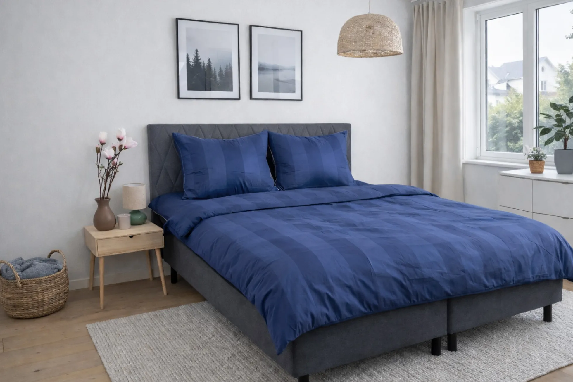 Pudebetræk - 60x63 cm - 100% bomuldssatin - Blå brede striber