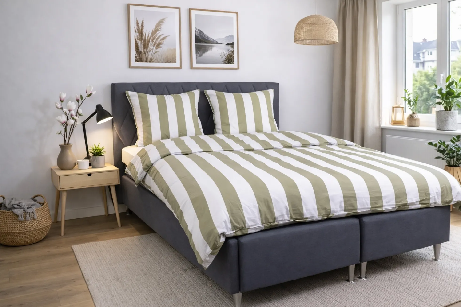 Pudebetræk 60x63 cm - 100% bomuldssatin - Nordic Stripe - Brede olivengrønne striber