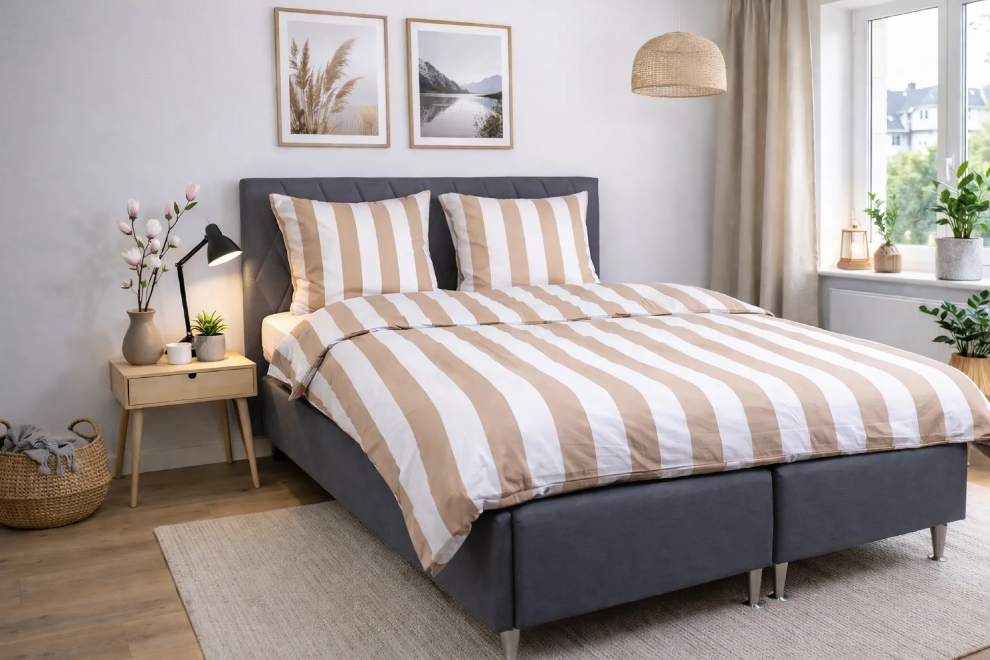 Pudebetræk 60x63 cm - 100% bomuldssatin - Nordic Stripe - Brede naturfarvet striber