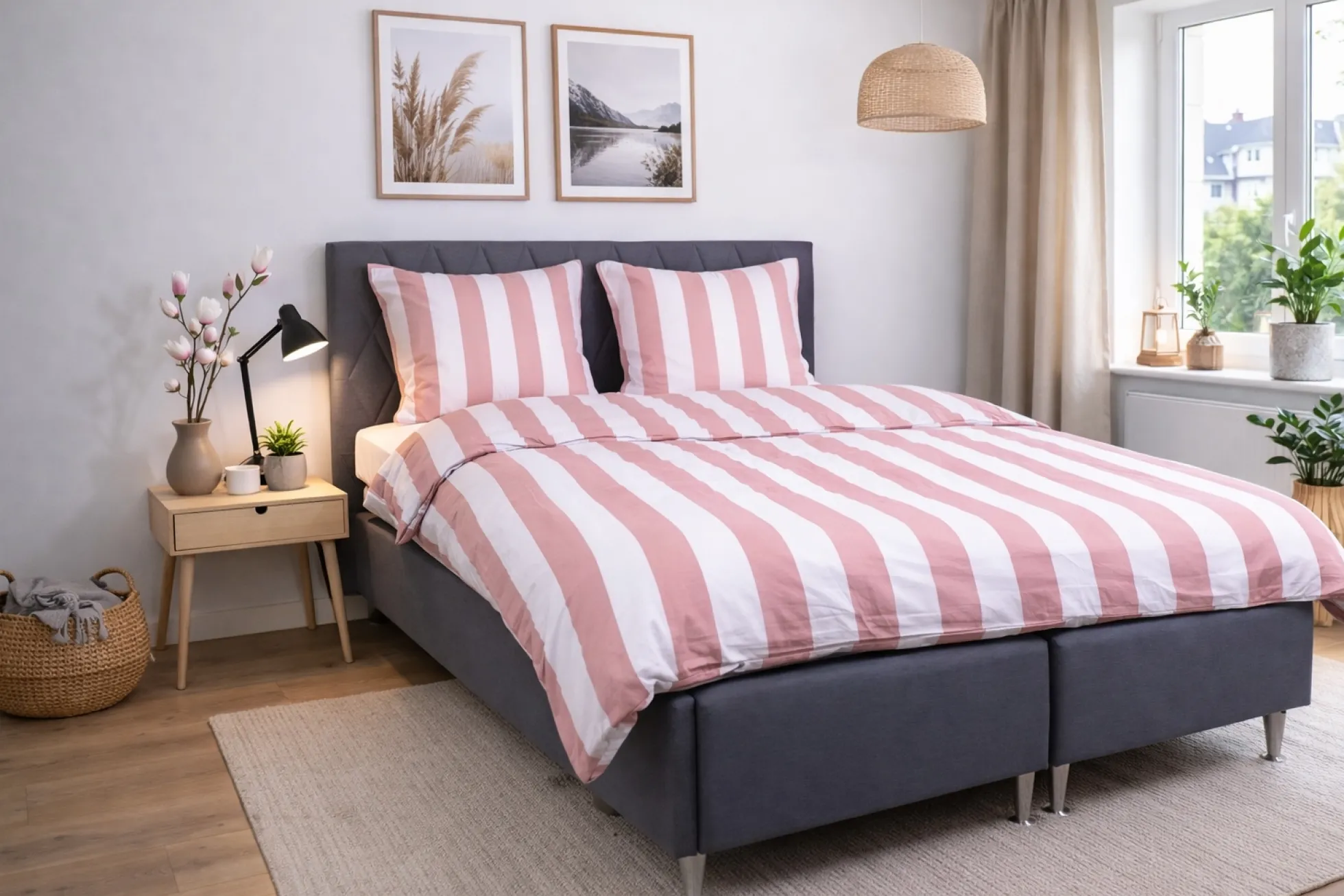 Pudebetræk 60x63 cm - 100% bomuldssatin - Nordic Stripe - Brede lyserød striber