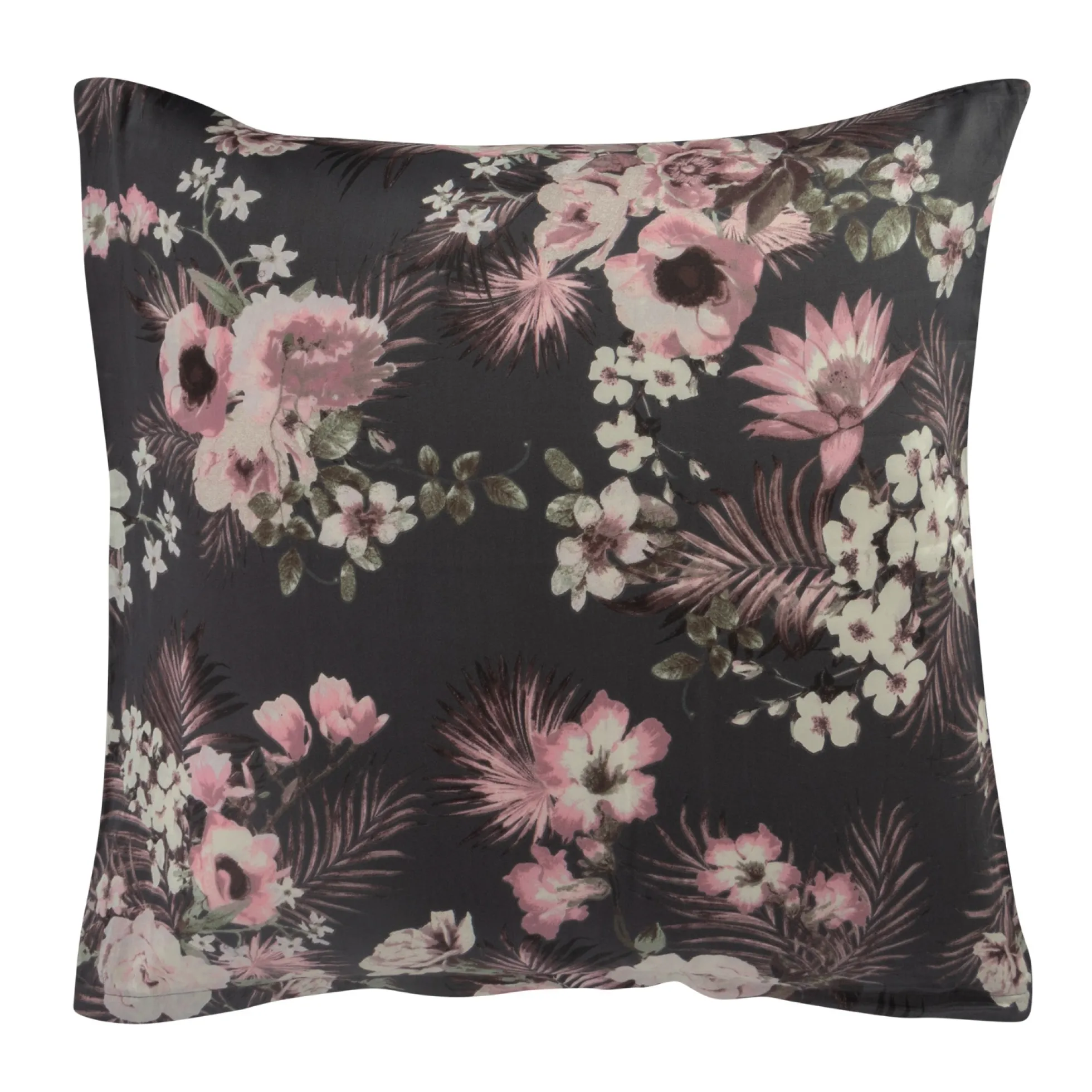 Pudebetræk 60x63 cm - 100% bomuldssatin - Vendbart gråt blomster print og prikker