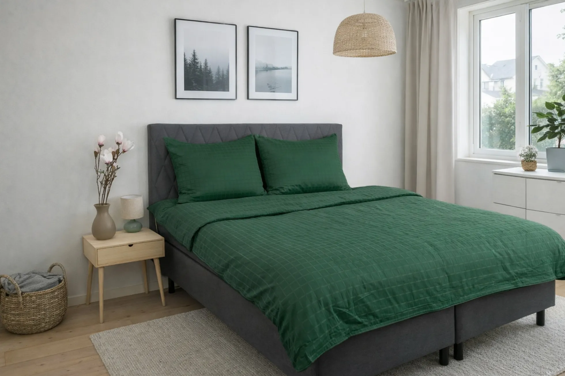 Pudebetræk 60x63 cm - GOTS certificeret økologisk bomuldssatin - Grønne jacquardvævede tern