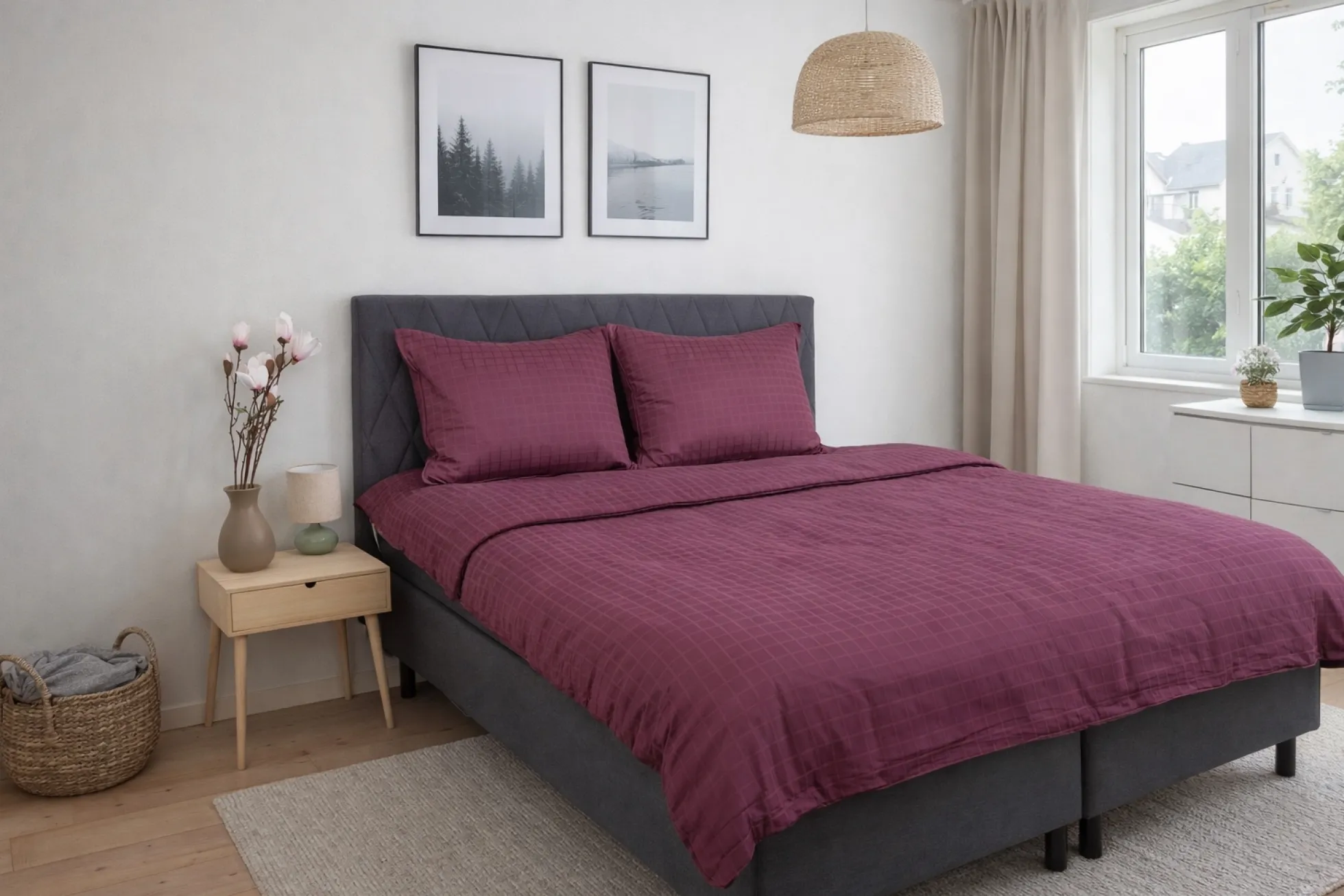 Pudebetræk 60x63 cm - GOTS certificeret økologisk bomuldssatin - Blomme farvet jacquardvævede tern