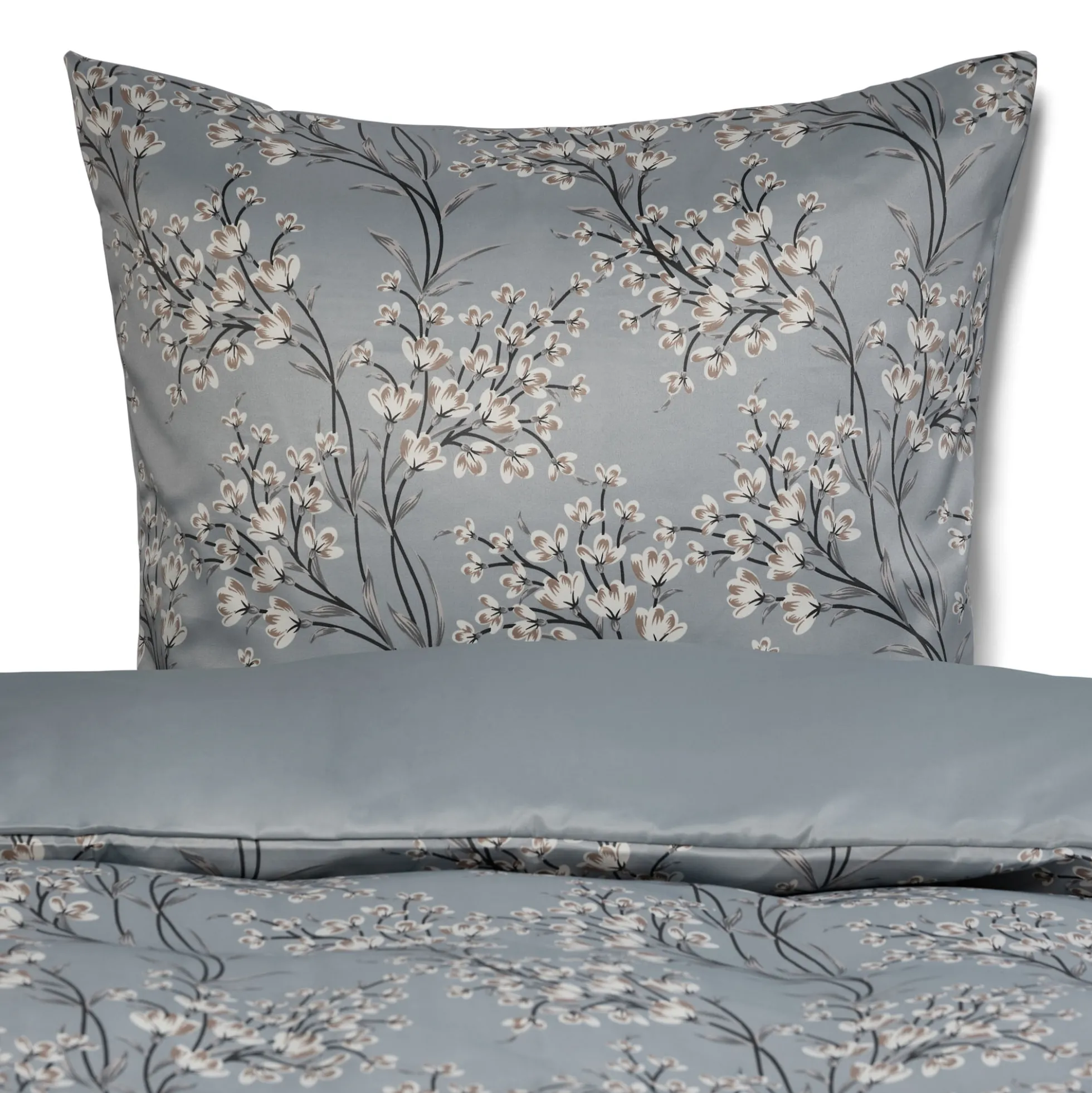 Pudebetræk 60x63 cm - Satin - Lyseblåt vendbart blomster design