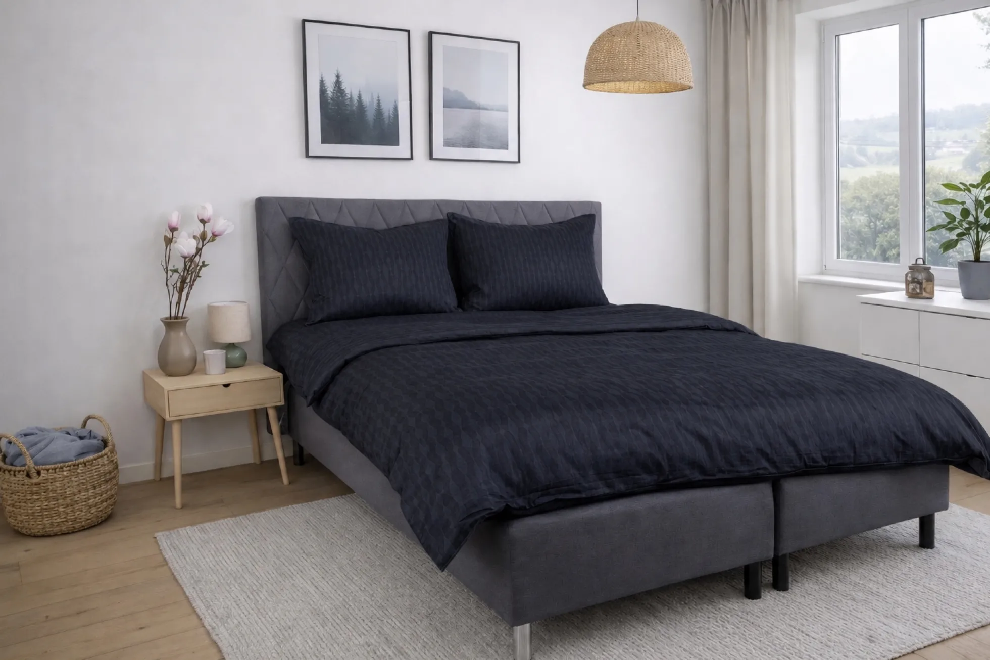 Pudebetræk 60x63 cm - Satin - Mørkeblåt mønster design