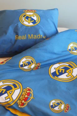 Real Madrid sengetøj - 100% bomuld - Børnesengetøj 140x200 cm - Blåt fodbold sengetøj med stjerner