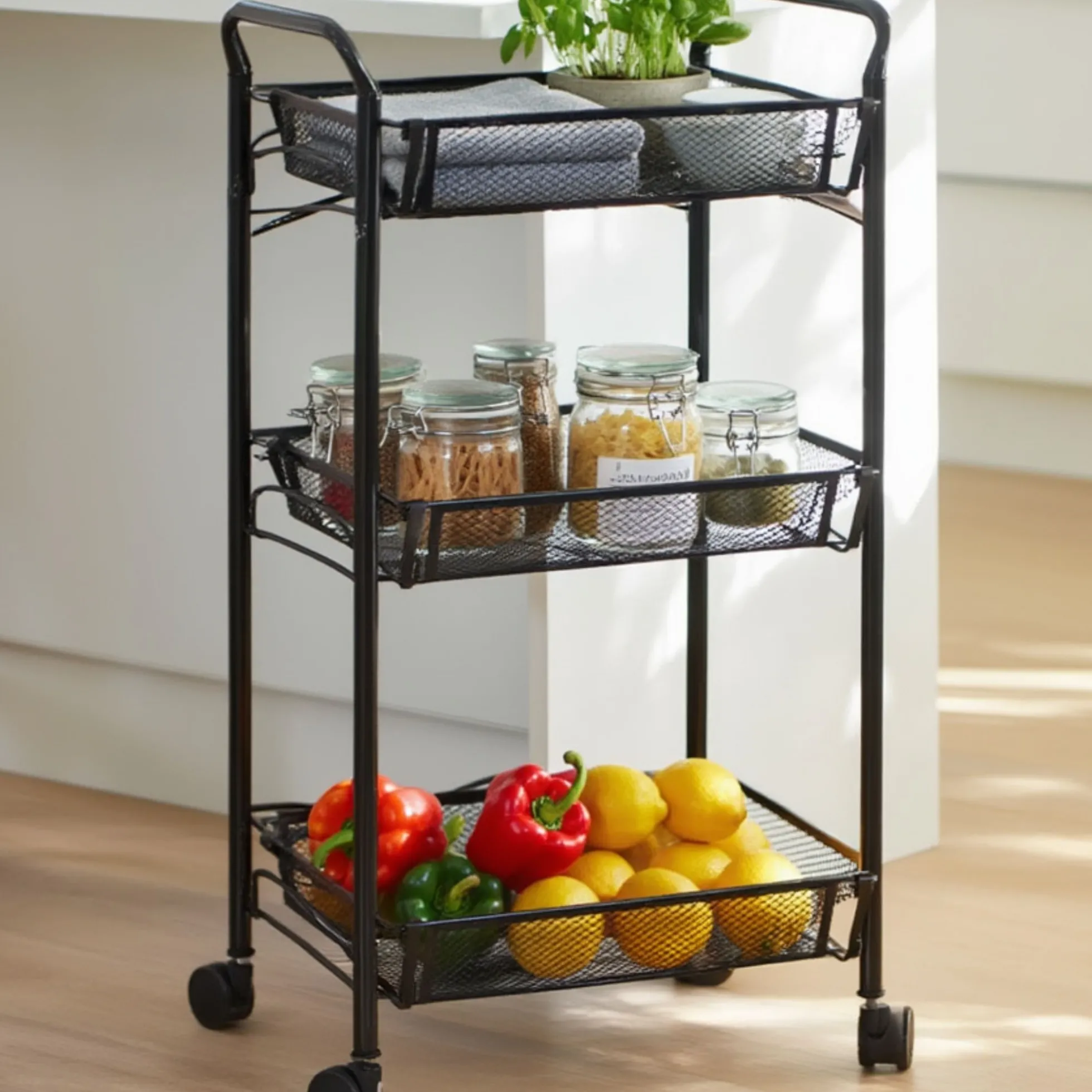 Rullevogn med 3 aftagelige kurve - 64x45x26 cm - Sort metalvogn på hjul