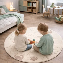 Rundt børnegulvtæppe - Ø 120 cm - Beige med dinosaur - Eclipse - Nordstrand Home