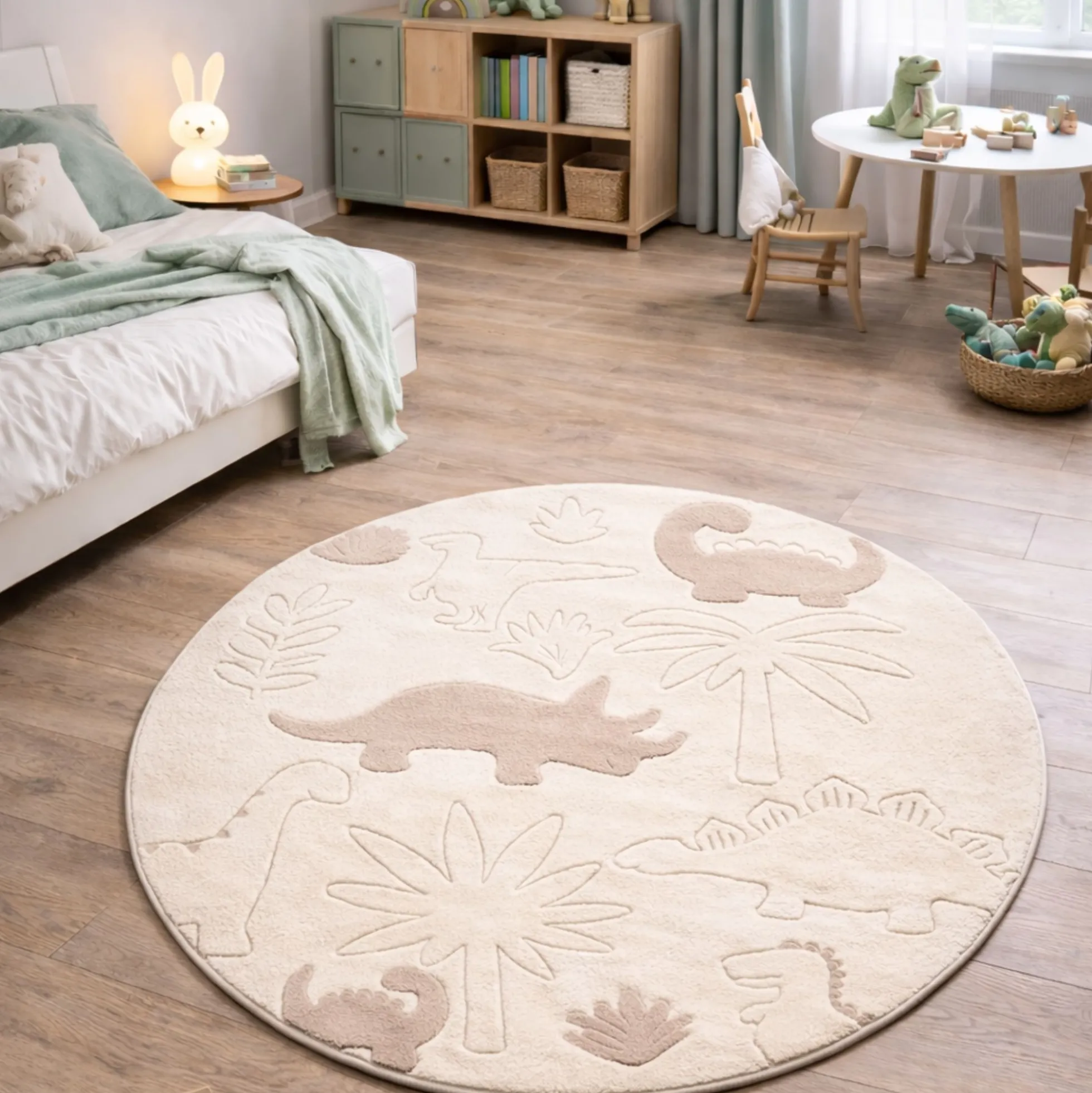 Rundt børnegulvtæppe - Ø 120 cm - Beige med dinosaur - Eclipse - Nordstrand Home